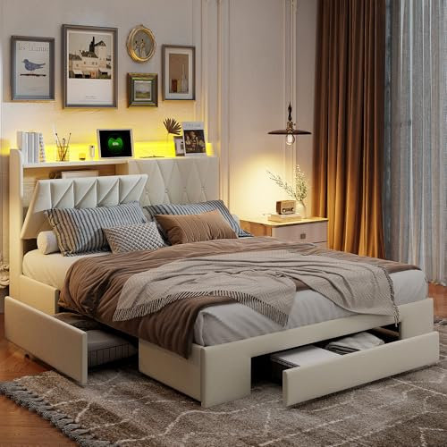 Ravas 140x200cm Polsterbett mit 2 USB- und AC-Ladefunktionen, Kopfteil mit Stauraum | Fernbedienung und APP-Steuerung, LED-Beleuchtung und 5 Schubladen, Doppelbett aus Holz mit Lattenrost