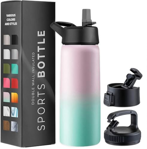 750ml Triple Walled, Insulated Water Bottles with Straw - Stainless Steel Metal Bottle W/ 3 Leak Proof Lids - for Travel, School, Sports, Gym/Men, Women (Dreamy Pink-Green)