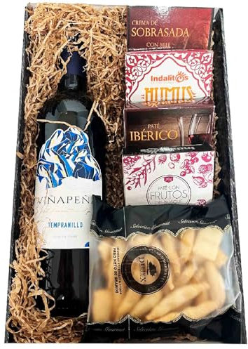 Deliex Cesta regalo con aceite o vino, patés y picos gourmet, elige la caja para regalar que más te guste con o sin alcohol, un regalo original para cualquier cumplido. (Caja con vino)