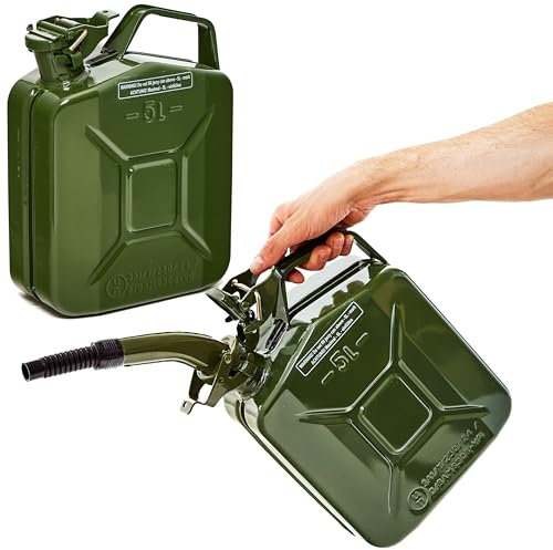 BW® Jerrican en métal pour carburant - 2 x 5 l - Avec bec verseur - Vert olive - RAL 6003 - Certifié TÜV et homologation ONU - Fabriqué en Europe