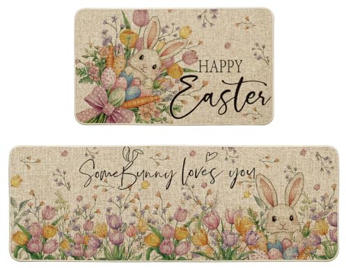 Artoid Mode Ostereier Tulpe Bunny Kaninchen Ostern Küchenteppich 2er Set, Waschbar Dekoration Küchenmatten für Innen Außen Dekor - 43x73 and 43x118 cm