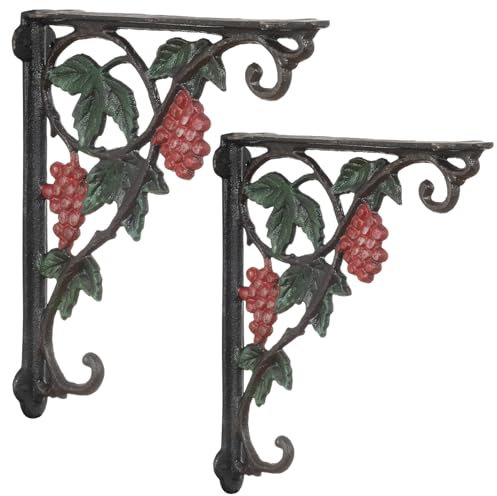 Rustikale Regalwinkel aus Gusseisen im Trauben-Design, 2er-Set - Vintage Wandhalterung für Regale und Deko - Antike Wandwinkel für Küche, Wohnzimmer oder Garten