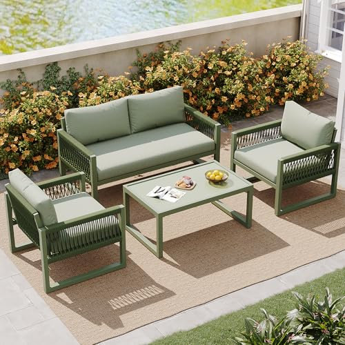 Merax Garten-Lounge-Set 4 Sitz – Seilgeflecht Sitzgruppe mit verzinktem Eisenrahmen, wetterfest, Loungesessel mit Sitz- & Rückenkissen, verstellbaren Füßen, Couchtisch mit Glasplatte, Grün