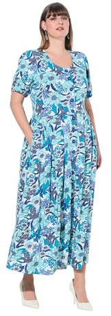 Ulla Popken Damen große Größen Übergrößen Plus Size Jersey-Maxikleid, Blüten, Rundhals, Halbarm Marine 54 824966130-54