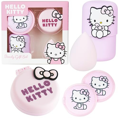 Hello Kitty Sanrio Beauty Set Mädchen, Mini Haarbürste mit Spiegel, Beauty Make Up Schwamm, Abschminkpads Waschbar, Geschenke für Kinder & Teenager