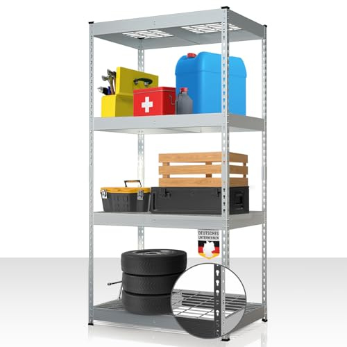 Floordirekt Schwerlastregal Yukon Rivet 180 x 90 x 60 cm, 4 Etagen Verzinkt | Stahlregal mit Gitterböden | 250–350 kg Tragkraft je Etage | Verschiedene Größen & Farben