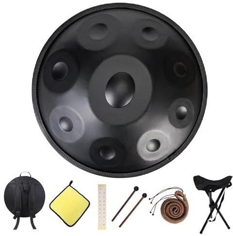 55Cm Handpan Drum Instrument Steel Drum 9/10/12 Notes Stahl-Handpan-Trommel 432Hz/440Hz Hand Pan Mit Soft Hand Pan Tasche, Schlegel, Ständer(Black,440HZ/9Note)