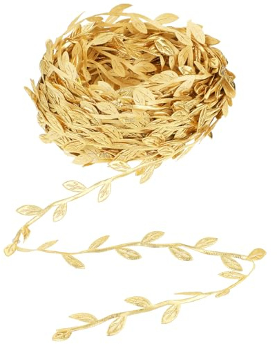 HJZHII 20M Gold Blätter Streifen Geschenkband, Gold Geschenk Pflanzen Bänder Künstliche Reben Luftschlangen Künstliche mit Blatt Goldene Hochzeit Deko für DIY Party Hochzeit Handwerk Dekoration
