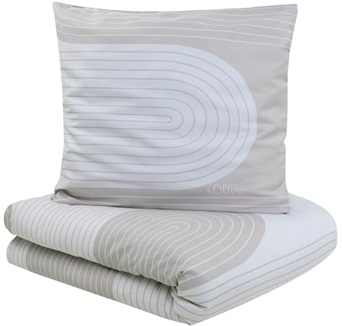 s.Oliver Bettwäsche 155x220 cm - 100% Baumwolle, Reißverschluss, anschmiegsam, weich & waschbar, Mako Satinbettwäsche beige mit Muster