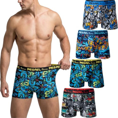 Pesail Herren Boxershorts 8er Pack aus Baumwolle und Modal, Größen M-6XL, Bequeme Unterhose mit witzigen Motiven, enganliegende Retroshorts ohne kratzenden Zettel