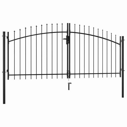 Puerta de jardín de doble ala con punta de lanza de 300 x 150 cm, acero recubierto de polvo, resistente para jardín y terraza, incluye postes de montaje y 3 llaves