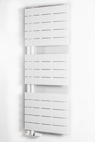 Badheizkörper LUXRAD Atakama 1195 x 500 mm Weiß – Wasserführender Handtuchheizkörper für Zentralheizung, Vertikaler Badezimmerheizkörper aus Stahl, Unterer Anschluss