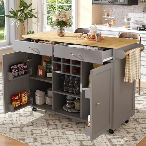 Merax Kitchen Island on wheels, Kitchen Storage Cabinet Trolley with Wood Worktop,2 Drawers,2 Doors with snack racks,Wine Racks,Towel Rack,120x45-73x90cm/Grey