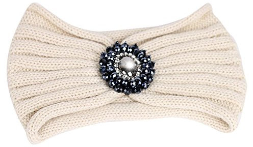 TININNA Damen Frauen Winter Vintage Strass Gestrickt Stirnbänder Crochet Strick Haarband Turban Stirnband Ear Wärmer Beige