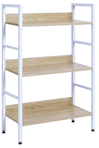 WOLTU Standregal mit 3 Ablagen Küchenregal Badregal Bücherregal aus Holz und Stahl, 60 x 27,5 x 93 cm, Weiß + Hell Eiche RGB9305hei