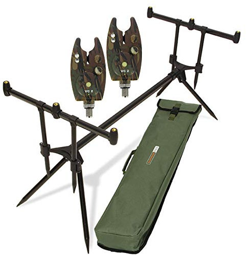 G8DS® Set Rod Pod Rutenhalter + Tragetasche inklusive 2 Bissanzeiger mit Lautstärke- und Tonregler für + LED Karpfen Angeln