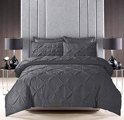 Pinch Pleat PINTUCK Duvet Cover Set Bedding With Pillow Cases Hand Made Cotton Blend (Grey, Double Size)