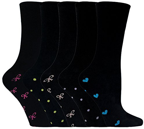 Sock Snob - 5 Paar Damen Baumwolle Schwarz Socken mit Herzen und Gepunktet Motiv
