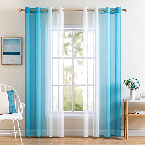 MIULEE 2er Set Voile Vorhang Zweifarbiger Vorhang mit Ösen Transparente Gardine Ösenschal Fensterschal Lichtdurchlässig für Schlafzimmer, 140x225cm, Wasserblau