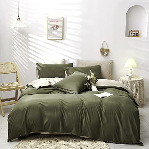 Boqingzhu Bettwäsche 200x220cm Grün Dunkelgrün Olivgrün Beige Uni Wendebettwäsche Set Microfaser Bettbezug und 2 Kissenbezüge 80x80cm mit Reißverschluss