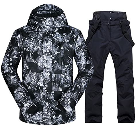 Herren Skijacke und Hose Set Skianzug Winter Wasserdicht Winddicht Mit Kapuze Schneemantel 2 Stück Snowboarden Schneeanzüge, Schwarz, Large