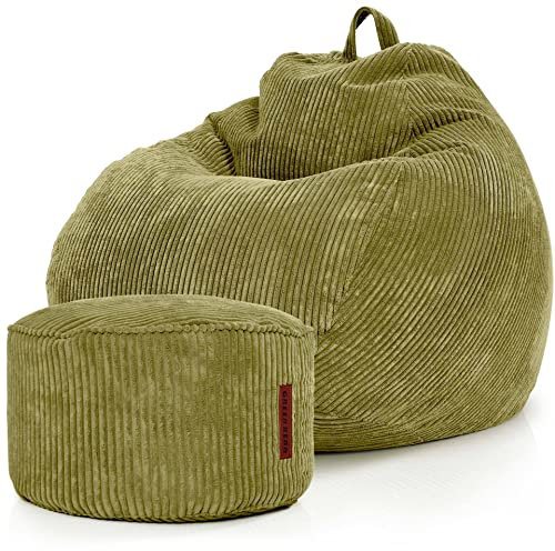 Green Bean® 2er Set Indoor XXL Sitzsack + Pouf mit EPS-Perlen Füllung - Fußhocker Fußkissen Hocker Bodenkissen Liegekissen Sitzkissen Lounge Chair - Grün