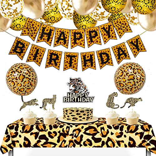 Cheetah Happy Birthday Banner, Gepard Geburtstagsdekorationen, Leoparden-Partydekorationen, Tier-Geburtstagsparty-Dekorationen, Safari-Party-Dekorationen, Tischdecke für Jungen, Mädchen,
