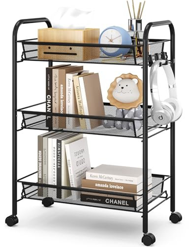 TOOLF 3-Tier Metal Rolling Cart, Mesh Wire Easy Assemble Utility Cart, Storage Trolley on Wheels with 3 Hooks, MetalStorage Shelving Units for Kitchen Bathroom Laundry Room