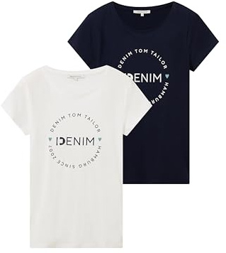 TOM TAILOR Denim Damen Slim Fit T-Shirt mit Logo-Print im Doppelpack 10668 - Sky Captain Blue XXL