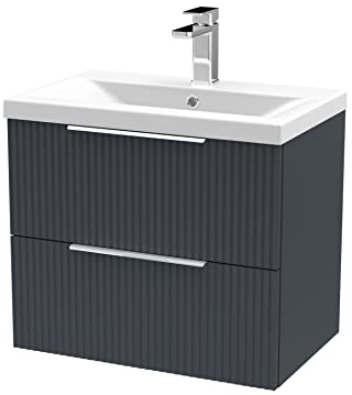 Hudson Reed DFF1493A Fluted Modern Bathroom Wall Hung 2 Drawer Vanity Basin Unit with Mid-Edge Ceramic Basin, 600mm, Soft Black