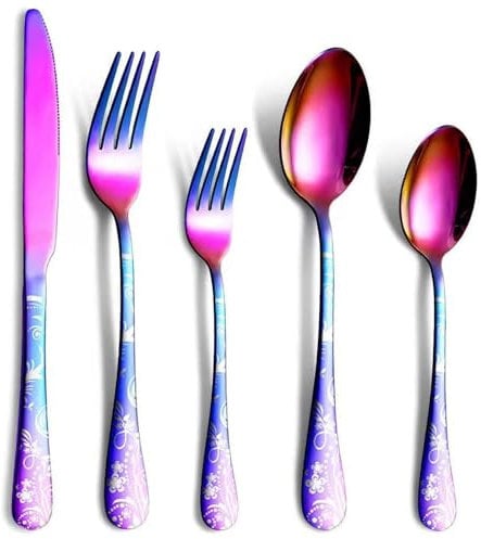 Jxkgenix Stainless Steel Cutlery Set for 4 People, 20 Piece Set Including Knife, Fork, Spoon, Mirror Polished, Dishwasher Safe, Camping Flatware (Rainbow)