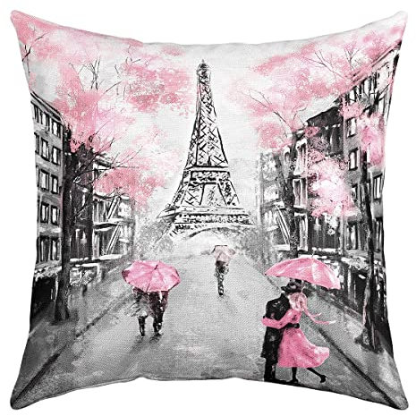 Homewish Paris Kissenbezug 50 x 50 cm Französischer Eiffelturm Kissenbezug für Zuhause Bett Sofa Couch Kissenbezug Mit Retro Paris Thema Aquarell Kirschblüten Dekorativer Kissenbezug Rosa Grau