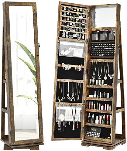 Multigot 3-in-1 Jewellery Cabinet, Free Standing Jewellery Armoire with Full Length Mirror and Display Shelf, Lockable Cosmetic Storage Organizer for Earring Ring Necklace (360° Swivel Rustic Brown)
