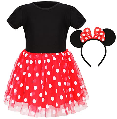 PHOGARY Costume Minnie Vestito Principessa Gonna Tulle Bambina con Orecchie da Topo Bowknot Cerchietto per Capelli per Ragazze, Mini Abito in Tulle a Pois per Festa di Compleanno di Halloween