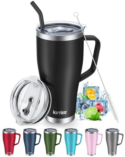 KETIEE Mug Isotherme 850ml- Gobelet avec paille et 2 couvercles, Thermoas Café étanche en acier inoxydable, Tasse à café isotherme Voyage sans BPA pour boissons chaudes et froides, Noir