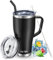 KETIEE Mug Isotherme 850ml- Gobelet avec paille et 2 couvercles, Thermoas Café étanche en acier inoxydable, Tasse à café isotherme Voyage sans BPA pour boissons chaudes et froides, Noir