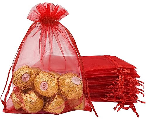 Jexila 100 rote Organza-Beutel, 12,7 x 17,8 cm, durchsichtig, mit Kordelzug, Weihnachten, Hochzeit, Gastgeschenke, für Party, Babyparty, Geschenktüten