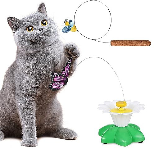 Mipcase Elektrischer Katzen-Teaser-Stick – 2 Stück Interaktiver Katzen-Teaser Schmetterling Biene Übungsspielzeug Rotierender Neckerei-Ersatz Selbstaktivitäts-Übungsstab Für Hauskatzen