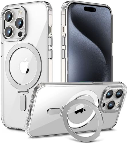 LIUKM Mobile Phone Case for Apple iPhone 15 Pro Max Case Compatible with MagSafe with Invisible Stand, Magnetic Matte Anti-Fingerprint Thin Shockproof Silicone Durable Protective Case - Transparent