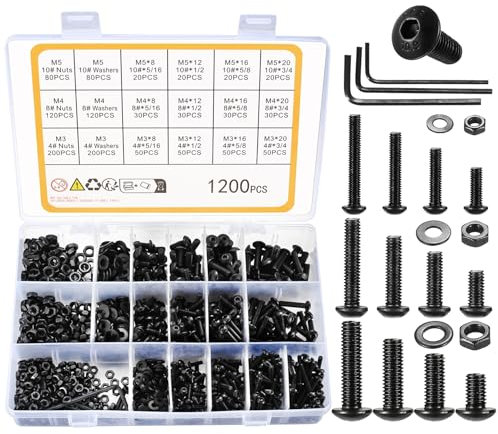 Kit assortimento di bulloni, dadi e rondelle per viti a brugola da 1200 pezzi, set di dadi, bulloni e rondelle per viti a brugola 4# 8# 10#, set di dadi e bulloni per viti a brugola neri