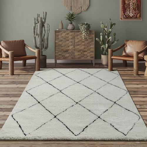 the carpet Bahar Shaggy Elegant Designer Living Room Rug, Soft & Easy-Care High Pile Living Room Rug in Cream/Black, 120 x 170 cm