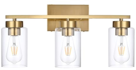 A1A9 3-Light Bathroom Vanity Light, Modern Brushed Gold Wall Lights with Clear Glass Shades, Bathroom Wall Sconce Lamp for Mirror Living Room Bedroom Hallway