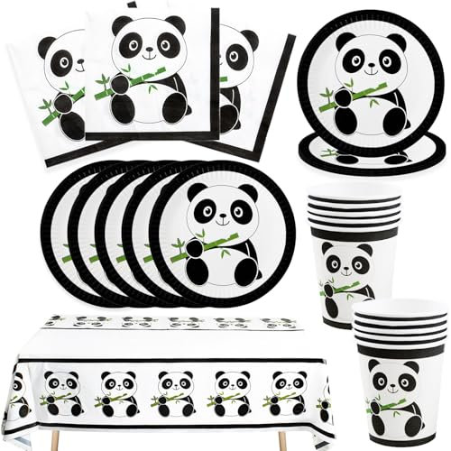 Panda Decoraciones Cumpleaños, vajilla para fiesta de panda, vajilla de cumpleaños, platos de cumpleaños infantiles, vasos, servilletas, manteles para fiestas, Juego de vajilla para 10 invitados