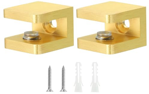 QUARKZMAN Pince de Fixation pour Étagère en Verre, 2 Pièces, en Cuivre Doré, Réglable, pour Verre de 5 à 8 mm d'Épaisseur, Support de Fixation pour Panneau en U