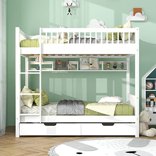 Idemon Litera, cama infantil, con escalera de 3 niveles, escalera de montaje a izquierda o derecha, con barrera, estantes y cajones de MDF, marco de madera de pino, color blanco, 90 x 200 cm