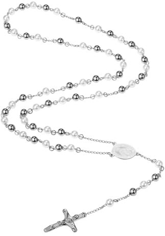 Flongo Perlen Rosenkranz Kette Maria: Kreuz Jungfrau heilige Mary Halskette silber mit weiße Perlen mutter gottes Anhänger Oval medaille plättchen Jesus Gott Kruzifix Taufe Geschenk für Damen Herren