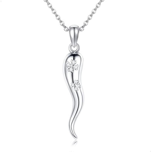 DAYLINLOVE Italienische Horn Kette 925 Sterling Silber Glücksklee Anhänger Cornicello Halskette Talisman Schutz Amulett Schmuck Geschenke für Damen Frauen Mädchen