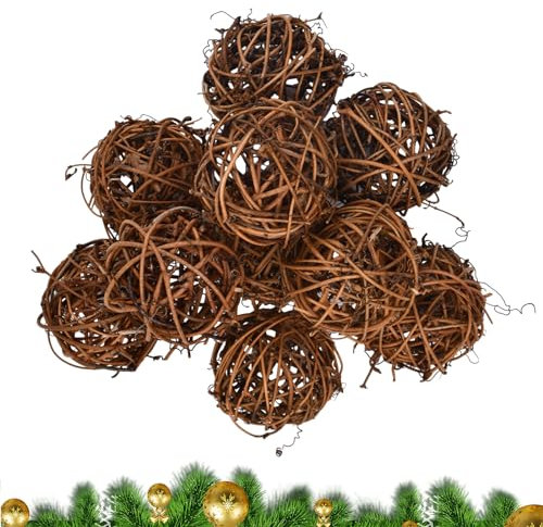 Dokeno 10 Pièces Boule en Rotin Decorative, Boule de Decoration Rotin, Boule en Osier, Boule en Osier Decorative, Boules en Rotin, Boules en Rotin pour Décoration, Boule de Rotin Perruche Ondulée
