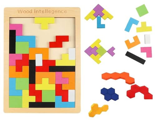 Wooden 40pc Puzzle Pattern Blocks Brain Teasers Game with Challenges, 3D Building Toy Wood Shape Jigsaw Puzzles Montessori STEM Educational Toys