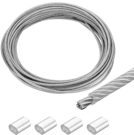 sourcing map Cuerda de alambre de acero inoxidable 304 de 20 m, revestimiento de vinilo de 4 mm, 4 fundas de aluminio para colgar, tendederos, levantamiento transparente